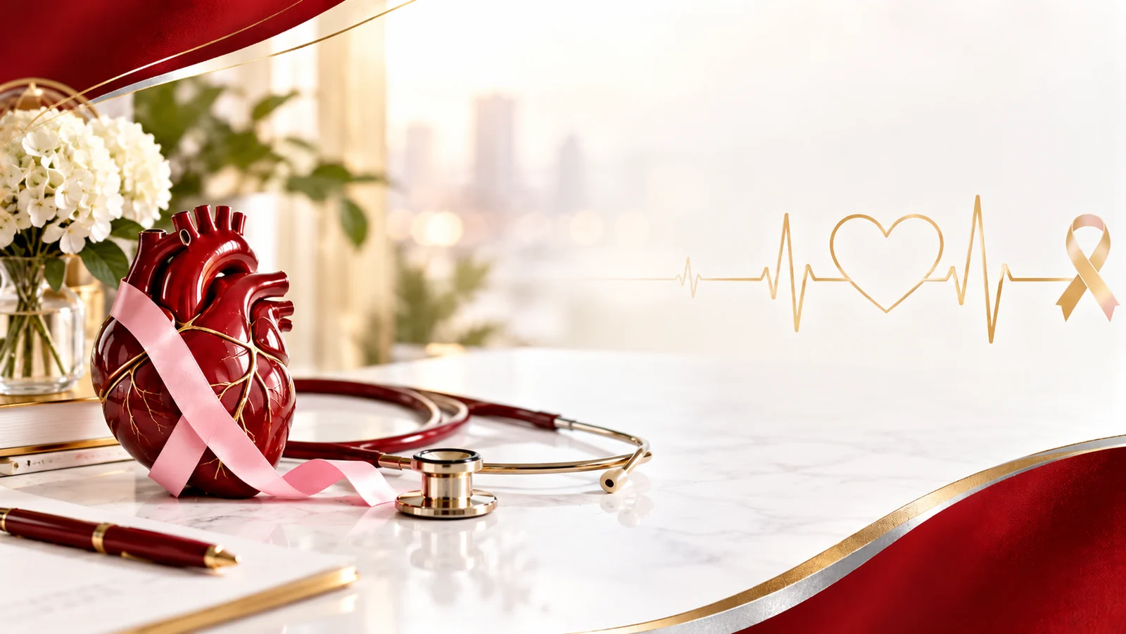 Cardio-oncology awareness heart sculpture and pink ribbon