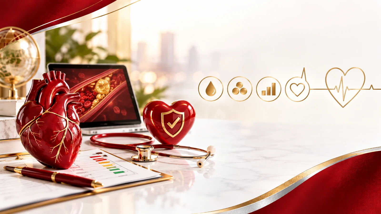 Cholesterol and cardiovascular risk conceptual medical desk still life