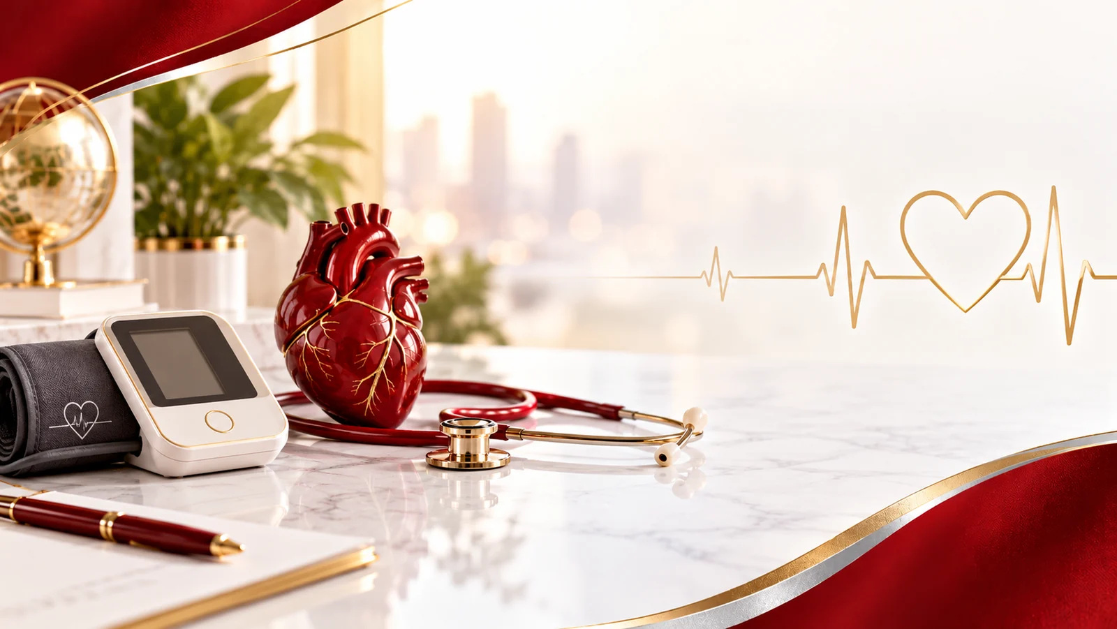 Blood pressure monitor and anatomical heart in premium crimson and gold