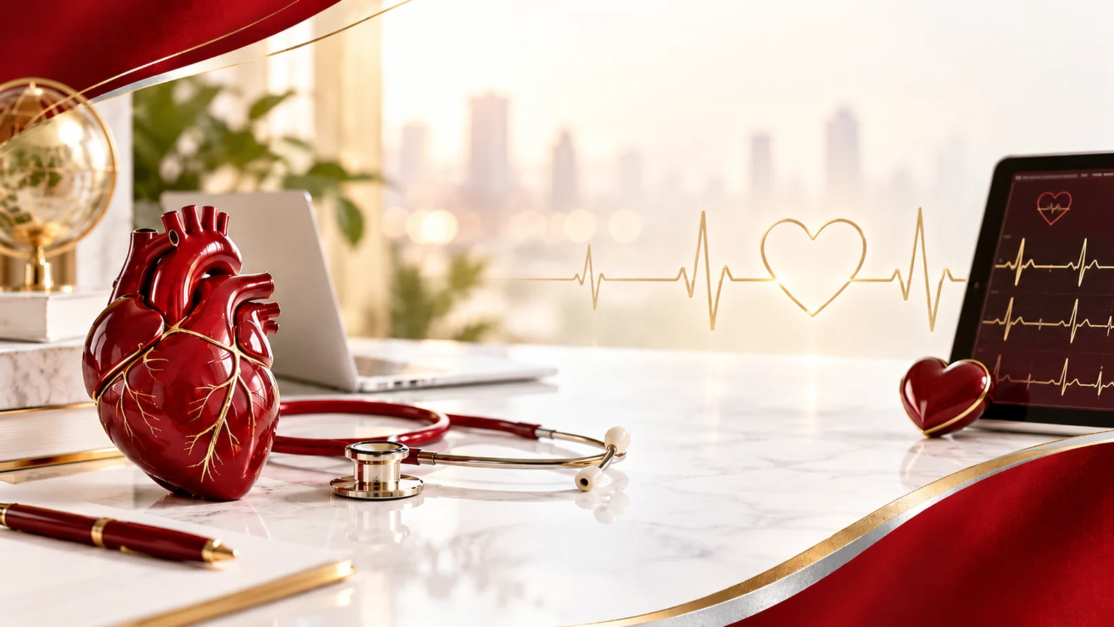 Heart rhythm concept with monitor and gold ECG waveform