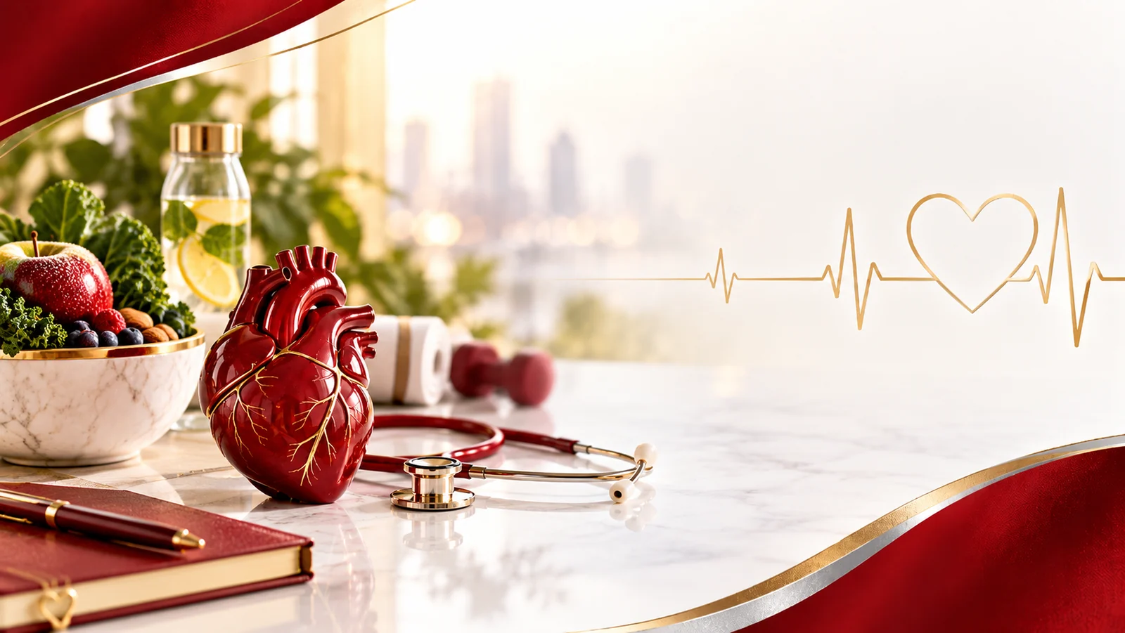 Preventive cardiology still life with fresh produce and red anatomical heart