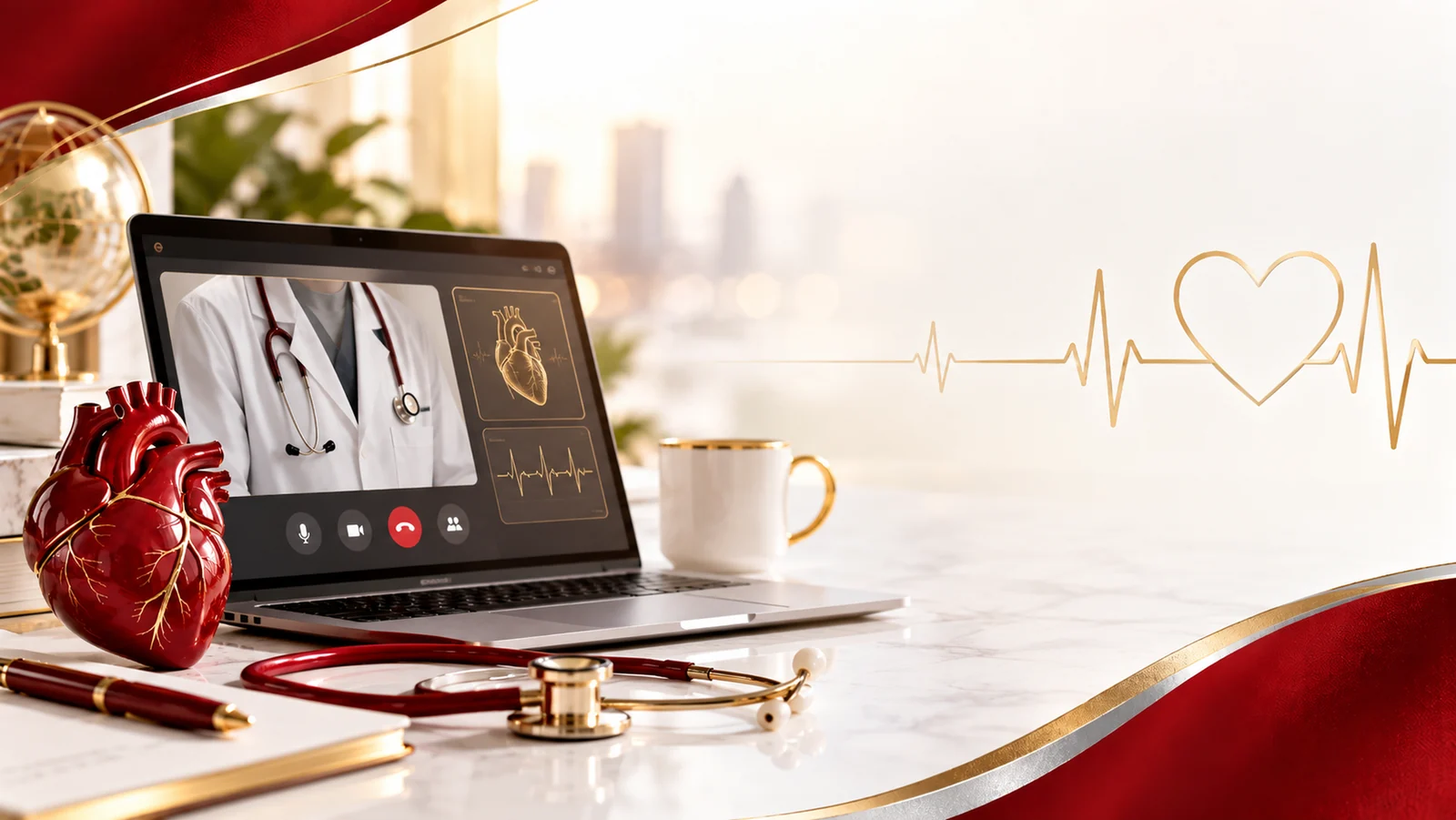 Conceptual virtual cardiology workspace with anatomical heart model, ECG display, and gold accents