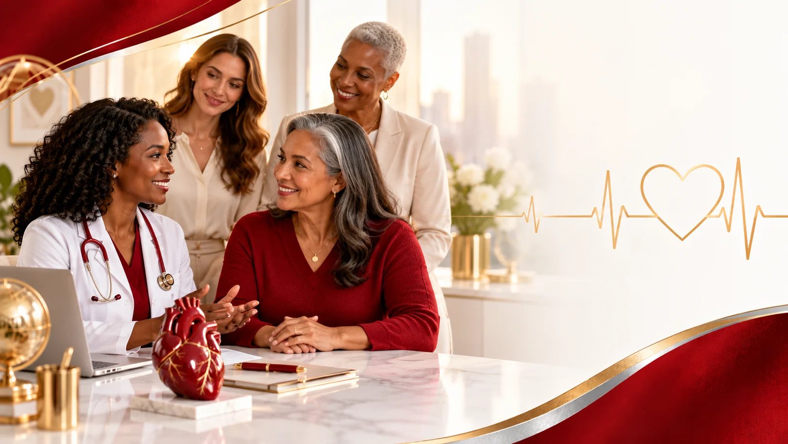 Women discussing heart health with a clinician in a conceptual consultation